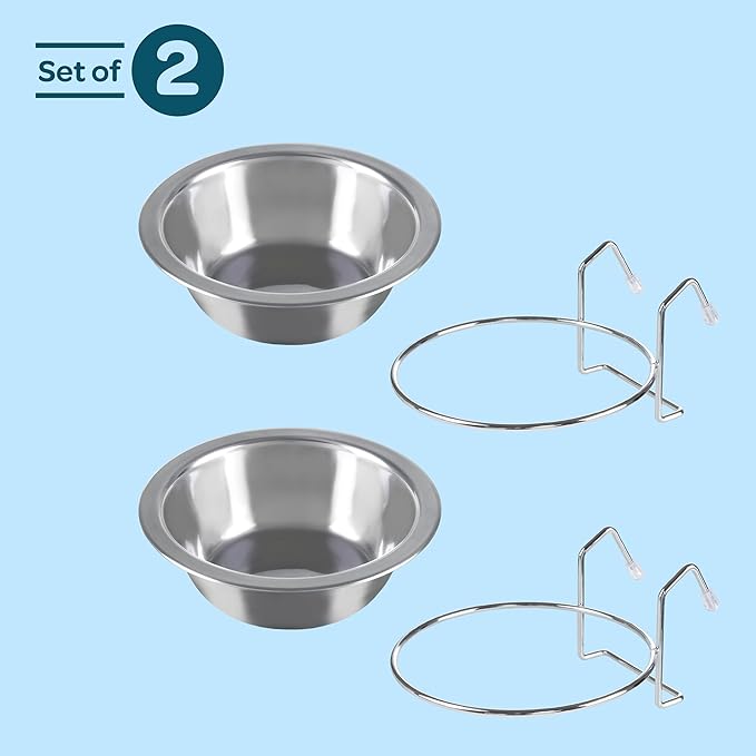 Set of 2 Stainless-Steel Dog Bowls - Cage, Kennel, and Crate Hanging Pet Bowls for Food and Water - 8oz Each and Dishwasher Safe by PETMAKER, Silver
