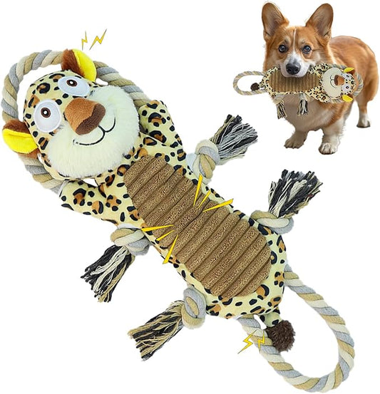 Squeaky Doy Toys for Medium Puppies - Interactive Toys with Rope for Tug of War -Large Plush to Keep Them Busy for All Breeds (Leopard Print)