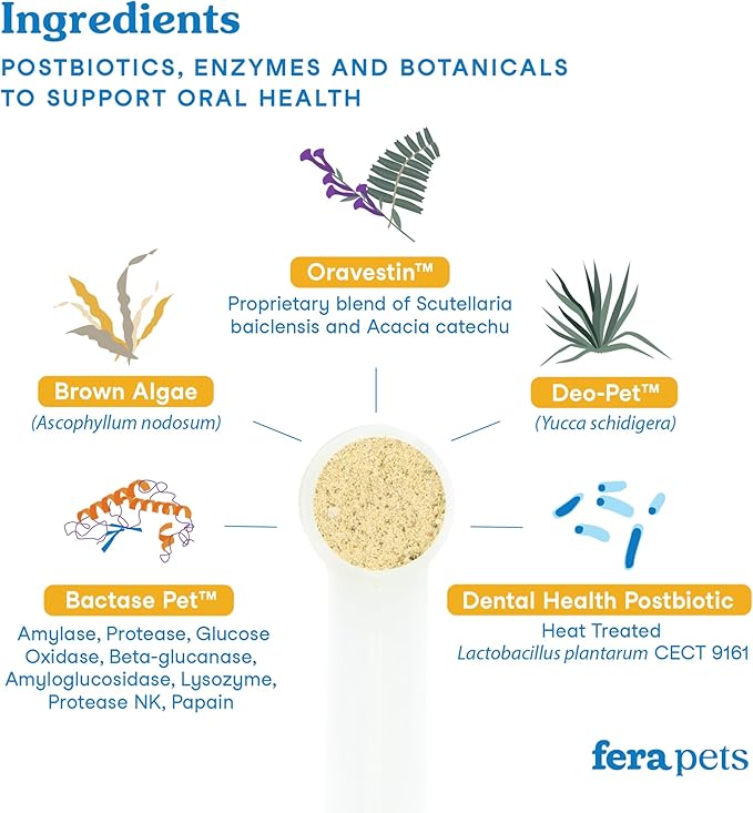 Fera Pet Organics Dental Support Powder for Dogs & Cats, Pet Breath Freshener, 60 Scoops, Vet Created, Promotes Healthy Teeth & Gums, Postbiotics & Enzymes Support Oral Health