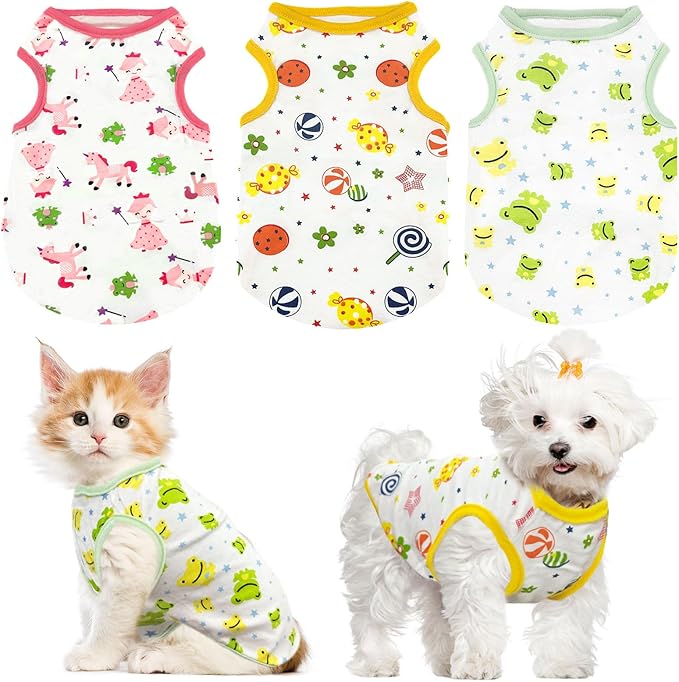 PETCARE 3 Pack Premium 95% Cotton Small Dog Shirts Clothes - Soft Cute Puppy Outfits - Comfort Fashion Dog Shirt Vest for Small Dogs Cats Shih Tzu Doggy Kitten Chihuahua Yorkie Clothes Pajamas