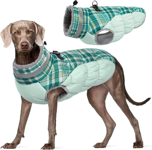 FUAMEY Dog Winter Coat - Jackets with Built-in Harness, Padded Vest, Reflective Clothes for Small to XXL Dogs, Green Plaid
