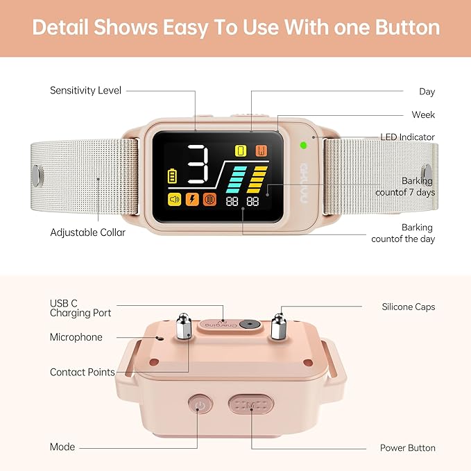 Bark Collar-Rechargeable Smart Barking Collar- Anti Bark Training Collar with Adjustable Sensitivity Beep Vibration Shock- Bark Shock Collar for Small Large Medium Dogs
