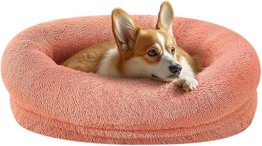 Calming Dog & Cat Bed - Washable Cover, Anti-Anxiety Donut Cuddler, Warming Cozy Soft Round Bed for Small Dogs & Cats (Pink, 24inch)