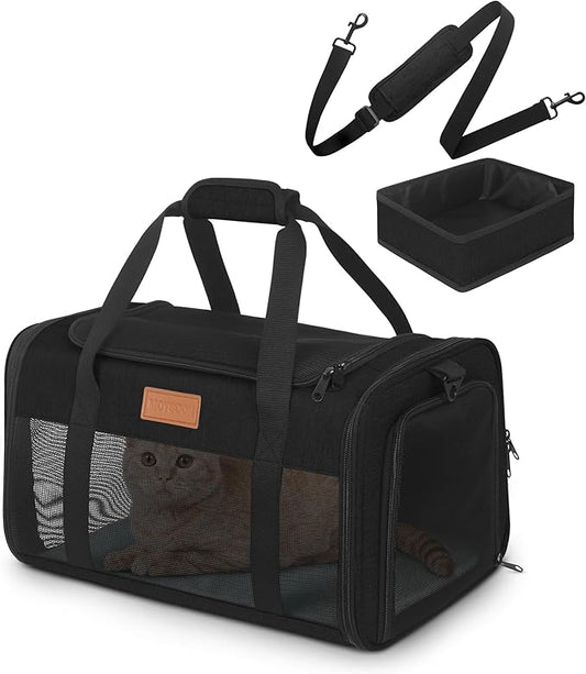 PETUX TSA Approved Pet Carrier in Cabin, 17"x11"x9.5" Soft Cat Carriers for Small Cats and Dogs Up to 15 LB, Top-Open Portable Pet Carrier Airline Approved with Litter Box and Anti-Scratch Mesh, Black