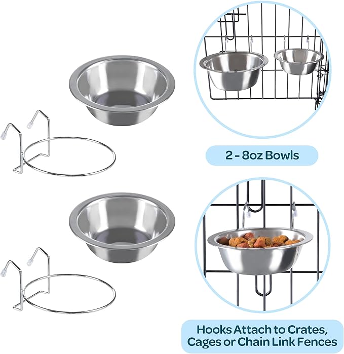 Set of 2 Stainless-Steel Dog Bowls - Cage, Kennel, and Crate Hanging Pet Bowls for Food and Water - 8oz Each and Dishwasher Safe by PETMAKER, Silver