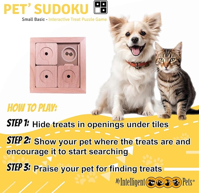 Interactive Wooden Sudoku Puzzle for Cats and Small Dogs - Basic Brain Pet Toy - 4 Treat-Hiding Holes, Small All-Wood Design