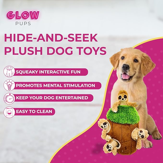Hide and Seek Dog Toy, Interactive Burrow Dog Toy with Squeaker, Plush Sloth in Tree Trunk, Promotes Mental Stimulation, Easy to Clean, Small 8 x 5.5 inches, Brown (Small Sloth Tree)