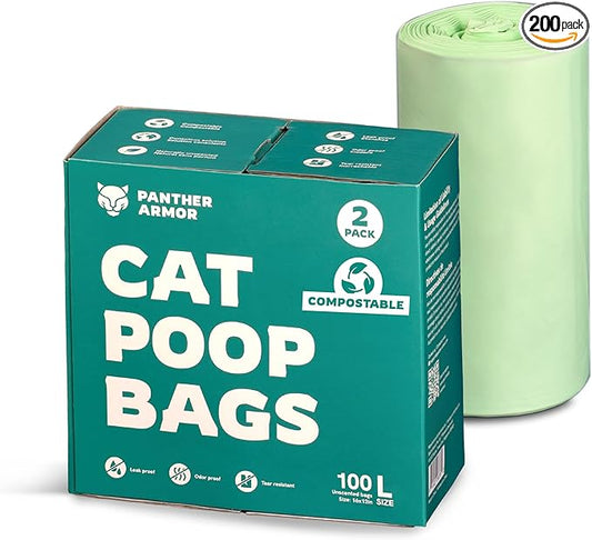 Panther Armor Litter Bags - 200x Unscented Compostable Cat Poop Bags 16x12in Super Large Cat- Kitty Leak Proof Box Trash, Odor Proof Cat Litter Disposal Bags