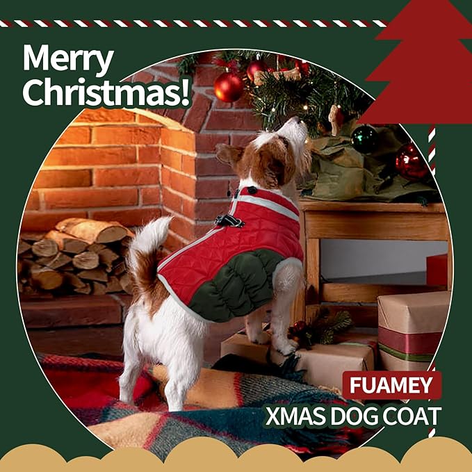 FUAMEY Dog Winter Jacket,Dog Cold Weather Coats Paded Dog Vest with Harness Built in Pet Warm Clothes Dog Apparel with Back Zipper Dog Water Resistant Coat for Small Medium Large Dogs Christmas L