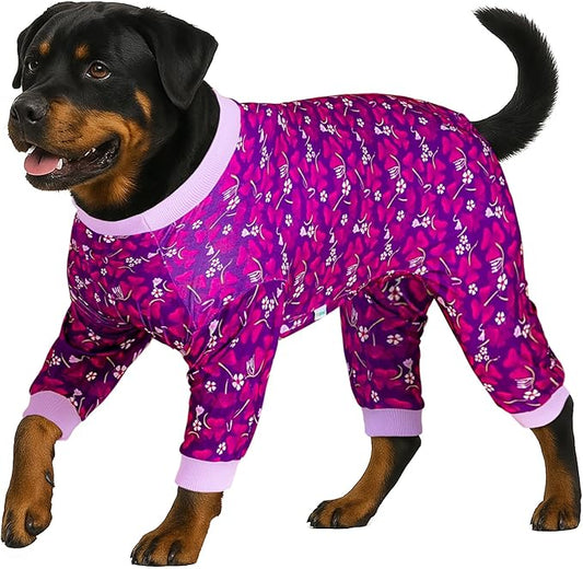 LovinPet Big Dogs Pajamas Jumpsuit, Pet Anxiety Relief Shirt, Sun Protection Dog Shirt, Comfy Stretchy Fabric, Indigo Garden Print, Big Dog Surgery Recovery PJ's, Girl or Boy Dog Party Apparel, 3XL