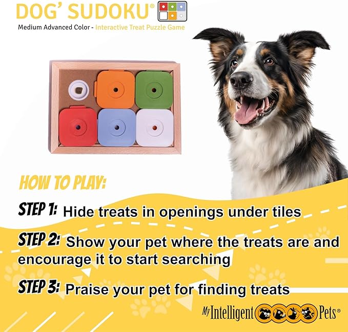 Interactive Sudoku Puzzle for Small Dogs and Cats - Advanced Brain Pet Toy - 6 Treat-Hiding Holes, Medium Wood and Plastic Design