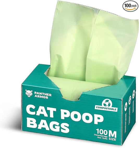 Panther Armor Compostable Cat Litter Bags for Poop - 100x Unscented Pet Waste Bags, 13x9in Leak Proof Kitty Litter Bags - Odor Proof, Easy Open Dispenser Box of Cat Poop Bags