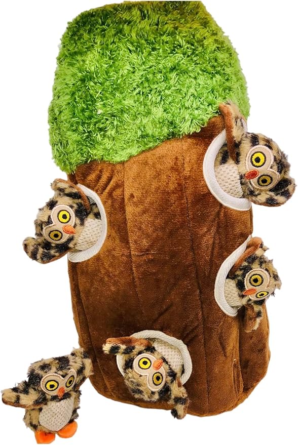 Tree with Hide & Seek Plush Owls, Squeaky & Puzzle Toys for Small & Medium Dogs, Multipack (Tree with Owls)