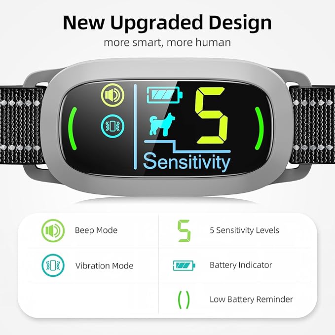 Dog Bark Collar for Large Medium Small Dogs, Rechargeable Smart Bark Collar, Anti Barking Training Collar with 5 Adjustable Sensitivity Beep Vibration (Grey)