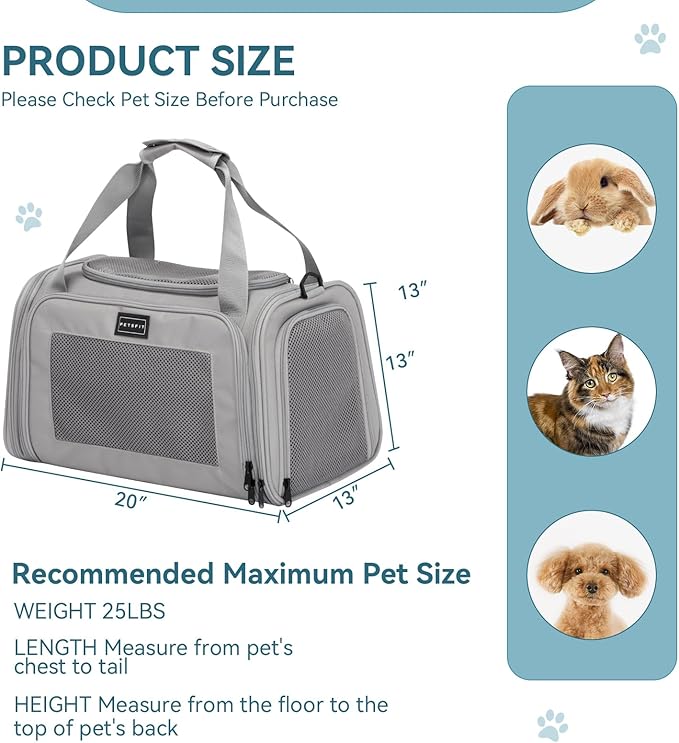 PETSFIT Dog Carrier Cat Carriers for Puppies, Medium Cats up to 15Lbs, Travel Soft Sided Pet Carrier (Large, Grey)