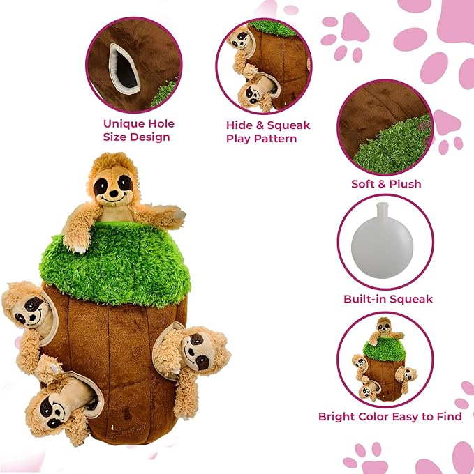 Hide and Seek Dog Toy, Interactive Burrow Dog Toy with Squeaker, Plush Sloth in Tree Trunk, Promotes Mental Stimulation, Easy to Clean, Small 8 x 5.5 inches, Brown (Small Sloth Tree)