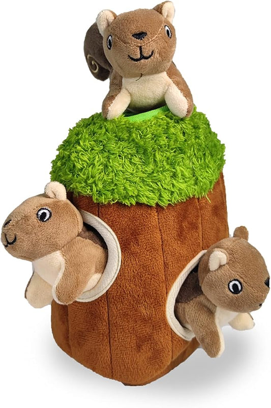 Squirrel in Tree Hide and Seek Plush Squirrel Inside Trunk Interactive Burrow Dog Toy for Small and Medium Size Dogs, Tree with Squirrels