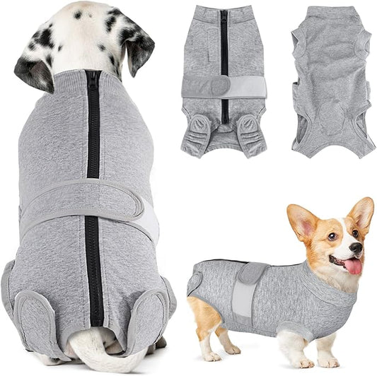 Lukovee Recovery Suit for Dogs, Zipper On Recovery Suit for Female Male Dog, Onesie Abdominal Wounds Cone E-Collar Alternative Prevent Licking Spay Recovery Suit (4XL, Grey)