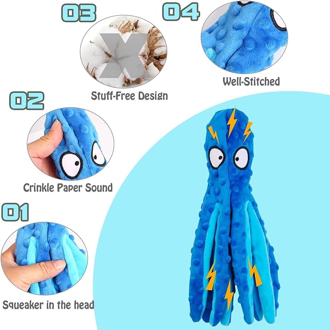 Squeaky Dog Toys, Crinkle Interactive Plush Chew Dog Toy Octopus for Hide and Seek and Puppy Teething, Perfect for Puppies, Small and Medium Dogs,1 Pack (Blue)