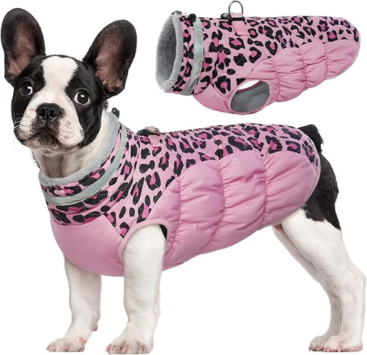 FUAMEY Dog Winter Coat - Dog Jacket with Zipper, Built-in Harness, Padded Vest, Water Resistant, Reflective - Pink Leopard, S, M, L