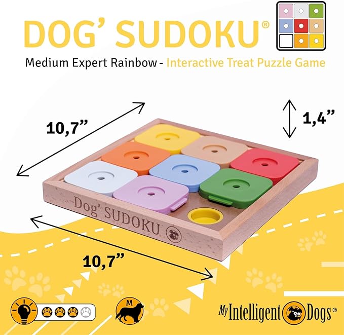 Interactive Sudoku Puzzle for Medium Dogs and Cats - Expert Brain Pet Toy - 9 Treat-Hiding Holes, Medium Wood and Plastic Design