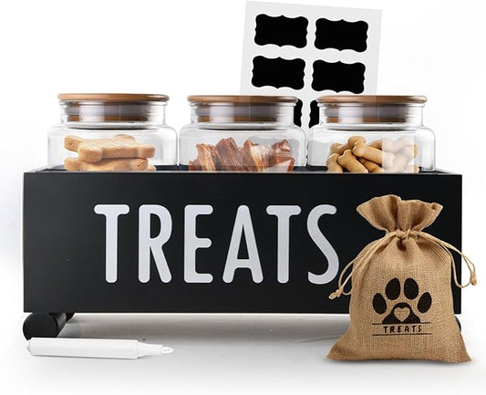 Dog Treat Container - Includes 3 Treat Jar, 1 Treat Bag, Wooden Pet Treat Container, Storage Basket For Pets, Dog Treat Station, with Reusable Sticker & Marker