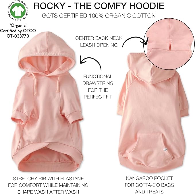 100% Organic Cotton Rocky - The Comfy Dog Hoodie Pet Coat for Small, Medium and Large Dogs, Pink, XX-Small