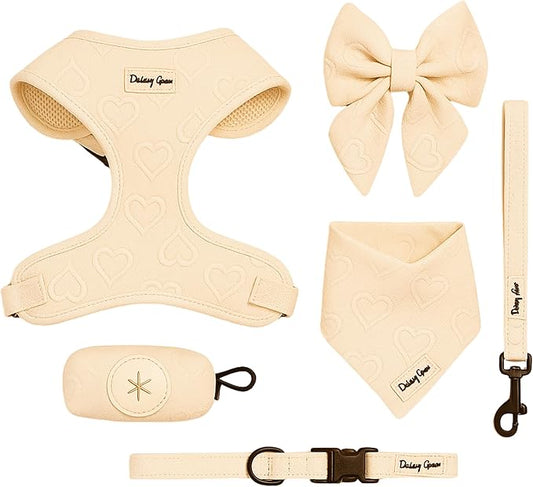Large Dog Harness Set – No Pull Harness with Matching Leash, Collar, Bandana, Sailor Bow & Poop Bag Holder – Pastel Cream with Heart Embroidery – Adjustable, Soft, Aesthetic Outfit