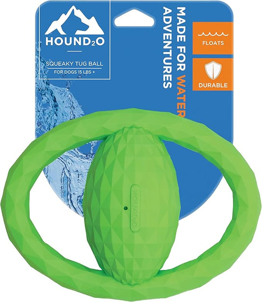 Hound2O Outdoor Dog Toys - Squeaky Tug Ball, Green - Tough, Engaging, Interactive Chew Toys - Chew, Chase, & Fetch - Durable Materials That Float - Easy to Clean for Outdoor Play - Non-Toxic Materials