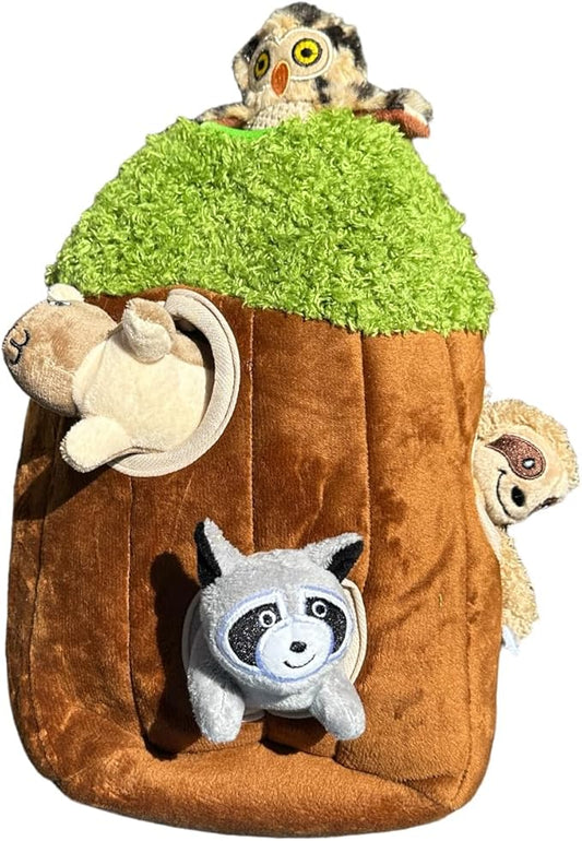 Hide and Seek Dog Toy, Interactive Plush Burrow Toy with Squeaker for Puppies, Woodland Animals Inside Trunk, Mental Stimulation, Medium Size, Brown (Raccoon, Squirrel, Sloth, Owl)