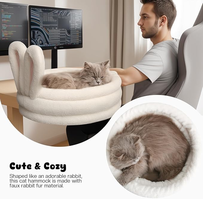 360° Rotation Cat Desk Bed, Cat Hammock Bed with Soft Rabbit Ear Cushion, Desktop Elevated Cats Beds with Metal Frames, Cats Desk Perch for Table, White