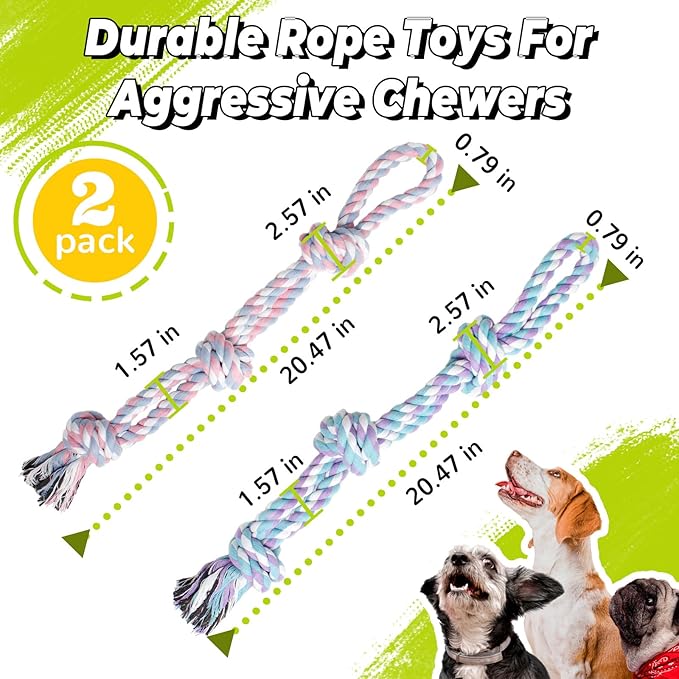 2 Pack Dog Rope Toy for Aggressive Chewers, 20 Inch Heavy Duty Chew Toys for Teeth Cleaning, Cotton Rope Dog Tug Toy for Medium to Large Breed