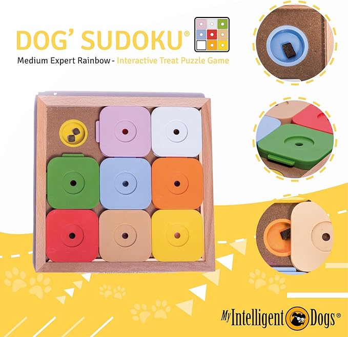 Interactive Sudoku Puzzle for Medium Dogs and Cats - Expert Brain Pet Toy - 9 Treat-Hiding Holes, Medium Wood and Plastic Design