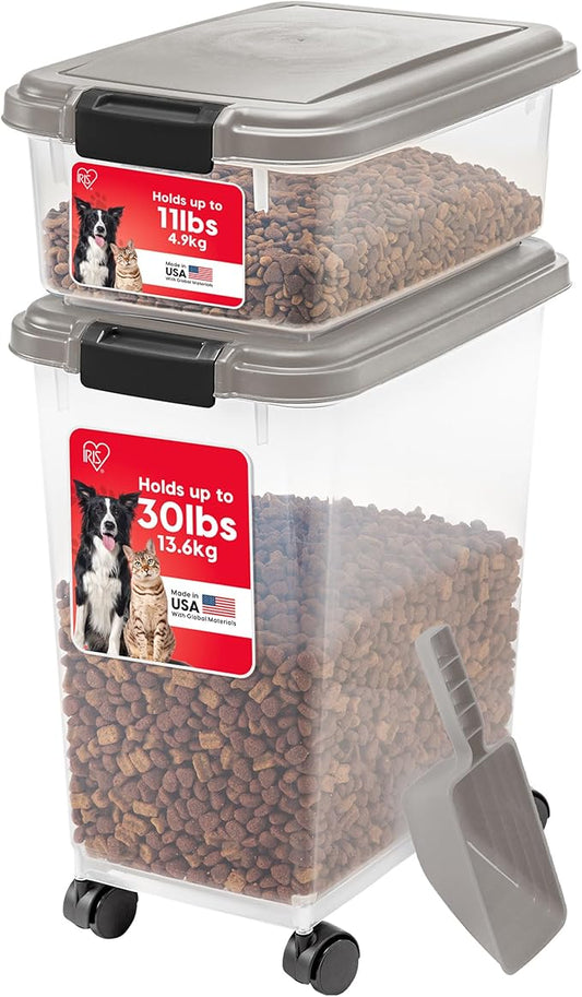 IRIS USA Dog Food Storage Container, 30 lbs & 11 lbs Combo, Cat Food Storage Container, Dog Treat Container, Airtight, Stackable, 2-Cup Scoop, Wheels, Easy Mobility, Chrome