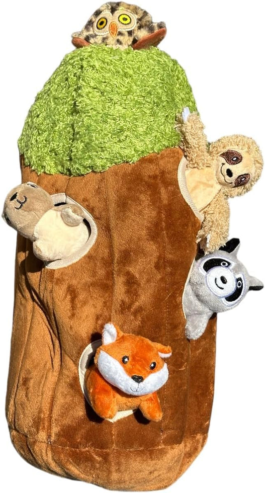 Raccoon in Tree Hide and Seek Dog Toy for Small and Medium Size Dogs, Plush Squirrel Inside Trunk Dog Toy with Squeaker, Interactive Burrow Dog Toy (Large Tree with Raccoon, Fox, Sloth, Squirrel, Owl)