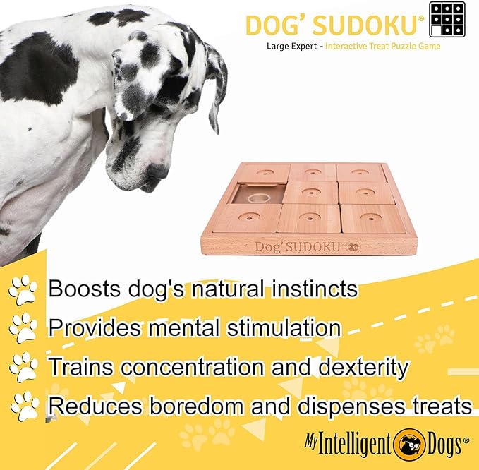 Interactive Wooden Sudoku Puzzle for Large Dogs - Expert Brain Pet Toy - 9 Treat-Hiding Holes, Large All-Wood Design