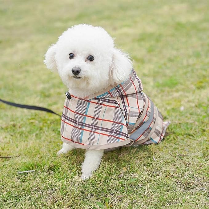 KOOLTAIL Dog Raincoat Hooded Slicker Poncho with Leash Hole, Raincoat for Small Medium Dogs, Waterproof Doggie Rain Jacket with Reflective Strip, Adjustable Breathable Plaid Puppy Rainwear-Beige