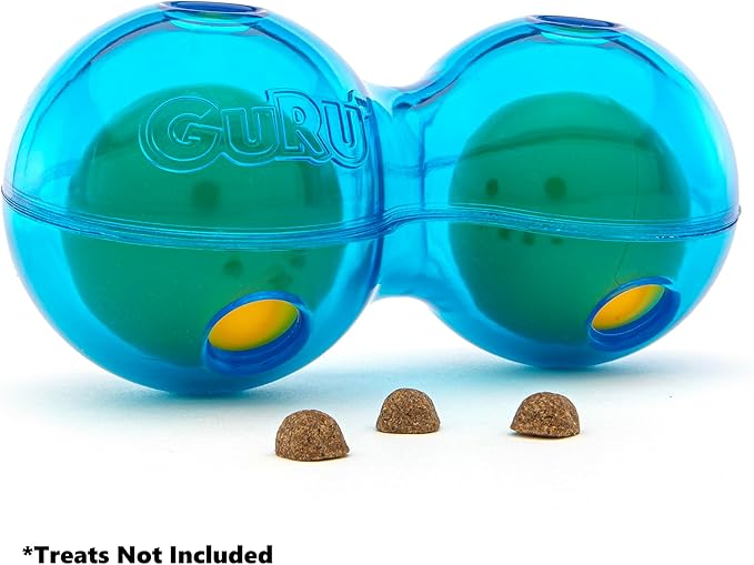 Guru Duo Ball - Medium -7.25" Blue Dog Toy, Interactive Treat Dispensing, Slow Feeding, Easy Loading, Durable Rubber, Roll-Spin-Tumble-Solve