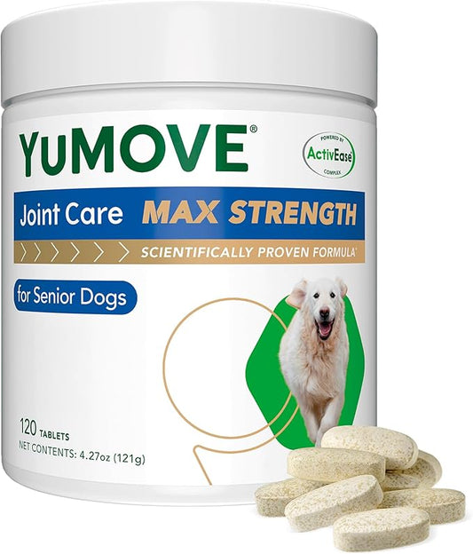 YuMOVE Hip & Joint Supplement for Dogs with Glucosamine, Chondroitin, Omega 3, Hyaluronic Acid, Green Lipped Mussel, & Fish Oil for Dogs - Max Strength - for Senior Dogs 120 Tablets