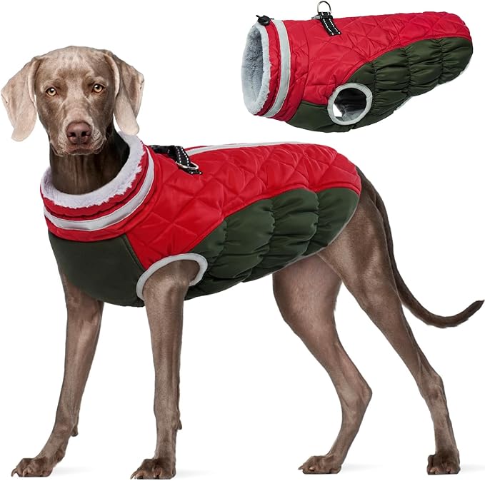 FUAMEY Dog Winter Jacket,Dog Cold Weather Coats Paded Dog Vest with Harness Built in Pet Warm Clothes Dog Apparel with Back Zipper Dog Water Resistant Coat for Small Medium Large Dogs Christmas L