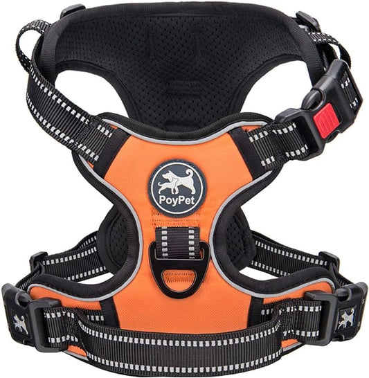 PoyPet No Pull Dog Harness, No Choke Front Clip Dog Reflective Harness, Adjustable Soft Padded Pet Vest with Easy Control Handle for Small to Large Dogs(Orange,L)