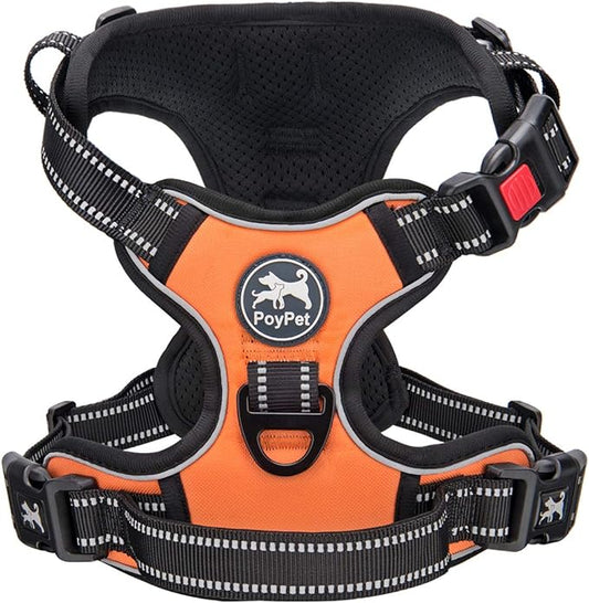 PoyPet No Pull Dog Harness, No Choke Front Clip Dog Reflective Harness, Adjustable Soft Padded Pet Vest with Easy Control Handle for Small to Large Dogs(Orange,M)