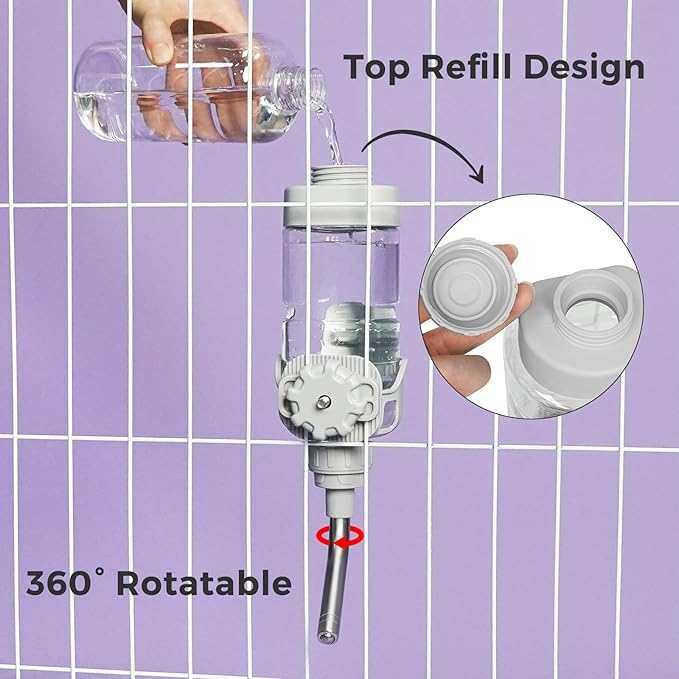 Vannon Dog Water Dispenser for Cage, 15oz Auto Feeding Crate Water Bottle for Dogs, Cats & Rabbits, Pet Nozzle Diameter: 12mm, BPA Free, Grey