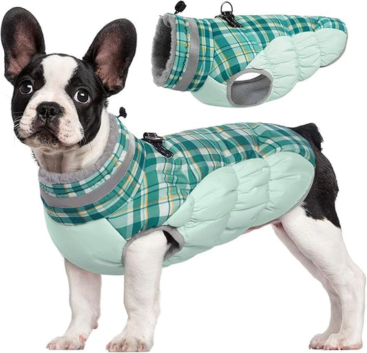 FUAMEY Dog Winter Coat - Jacket with Built-in Harness, Padded Vest for Cold Weather, Reflective Clothes for Small, Medium, Large Dogs - Green Plaid XS