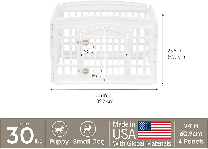 IRIS USA 24" 4-Panel Pet Dog Puppy Playpen with Door, for Puppies and Small Dogs, Keep Pets Secure, Easy Assemble, Fold It Down, Easy Storing, Customizable, White
