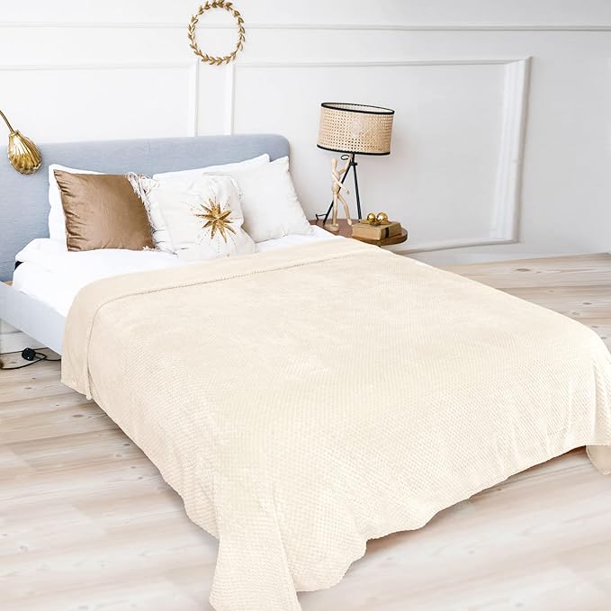 uxcell Flannel Fleece Bed Blankets, Soft Warm Microfiber Blanket, Mesh Fuzzy Plush 330GSM Lightweight Decorative Solid Blankets for Bed Queen (78"x90") Beige