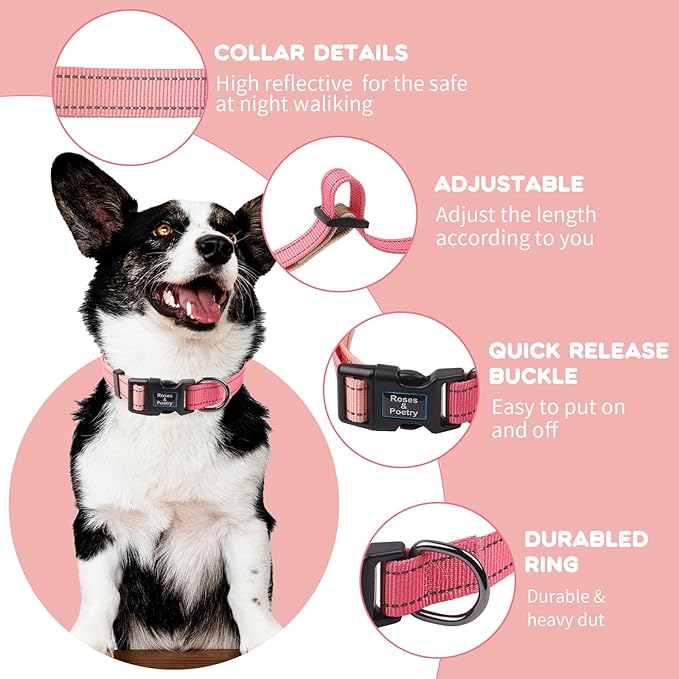 Roses&Poetry Pink Small Dog Collar and Leash Set, Reflective Puppy Leash and Collar Sets, Adjustable Durable Collars with Leashes for Puppies Dogs Girl (Pink Gradient-S)