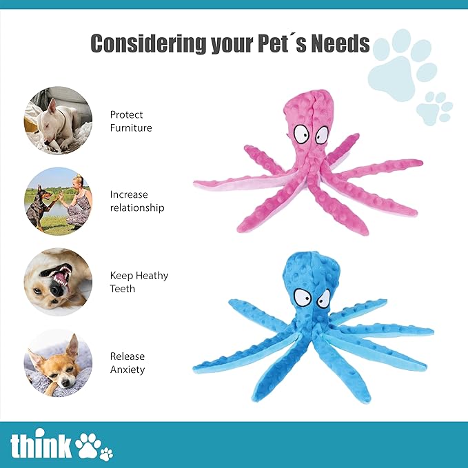 Think Pets Crinkle Squeaky Plush Octopus Toys for Playing & Training Purposes. Entertain Your Dog/Cat with These Plushie Stuffing-Free Interactive Toys, a Perfect Blend of Fun & Functionality