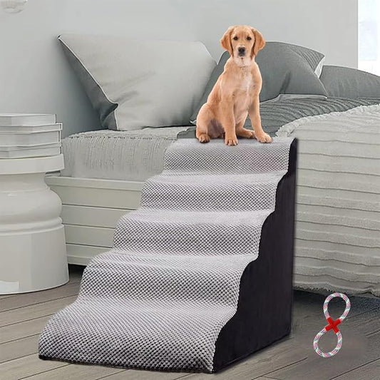 Curved Dog Stairs 24 inches High, Dog Ramp Stairs for Small Dogs for High Beds 20-25 inches Tall, 30D Foam Dog Steps for Beds 24 inches, Pet Stairs/Steps for Old Dogs Cats, Grey