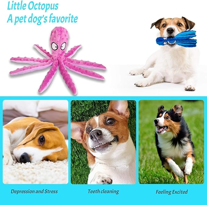 Squeaky Dog Toys, Crinkle Interactive Plush Chew Dog Toy Octopus for Hide and Seek and Puppy Teething, Perfect for Puppies, Small and Medium Dogs,1 Pack (Blue)